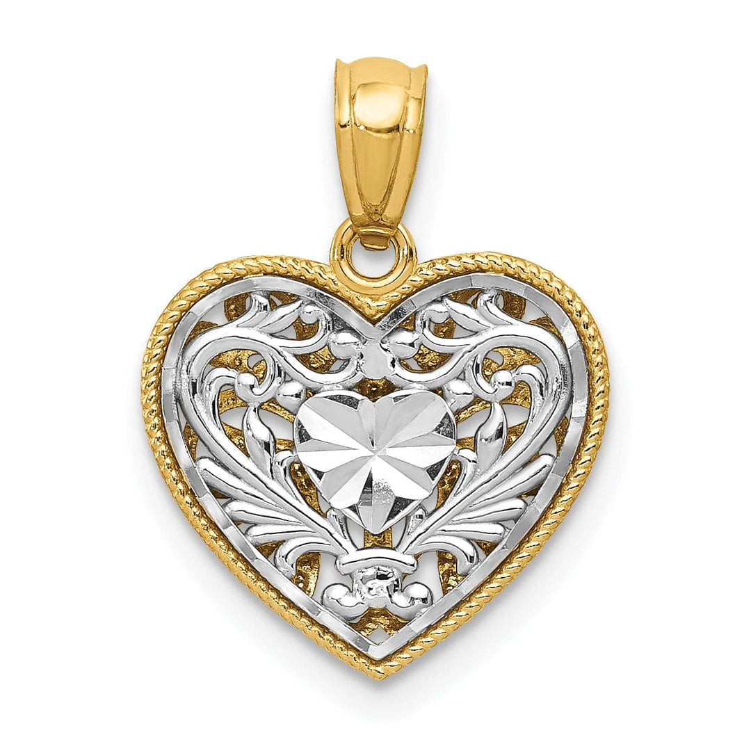 Lovely Rita's Pendants & Charms 14K Two-Tone Gold Solid Polished Diamond Cut Finish Reversible Fancy Filigree Design Heart Shape Charm Pendant