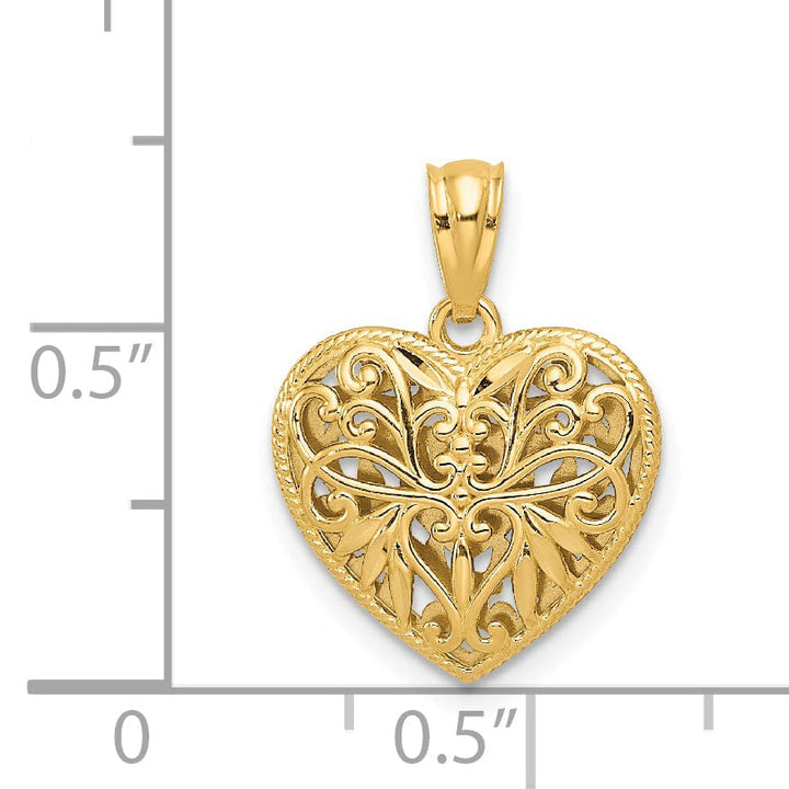 Lovely Rita's Pendants & Charms 14K Two-Tone Gold Solid Polished Diamond Cut Finish Reversible Fancy Filigree Design Heart Shape Charm Pendant