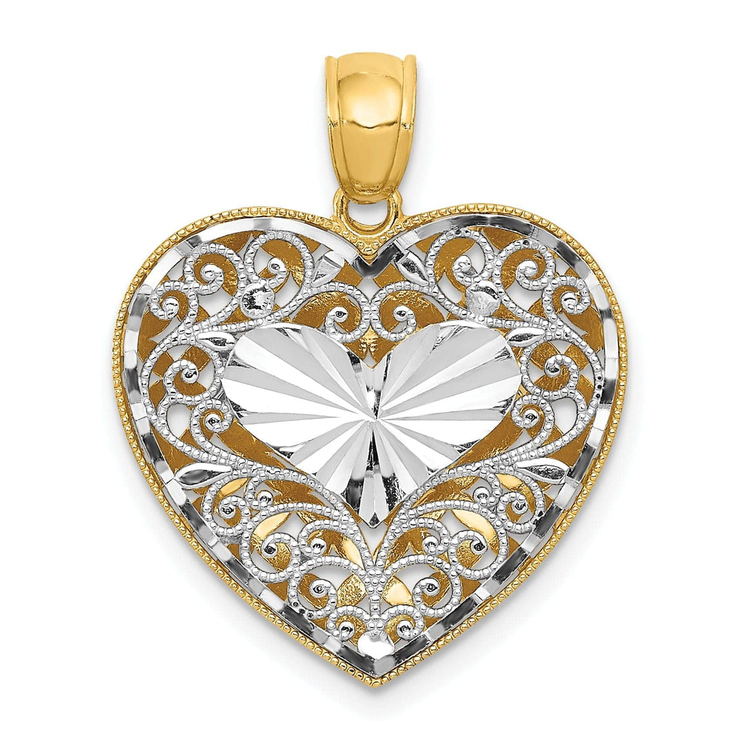 Lovely Rita's Pendants & Charms 14K Two Tone Gold Solid Polished Diamond Cut Finish Reversible Fancy Filigree Design Heart Shape Charm Pendant