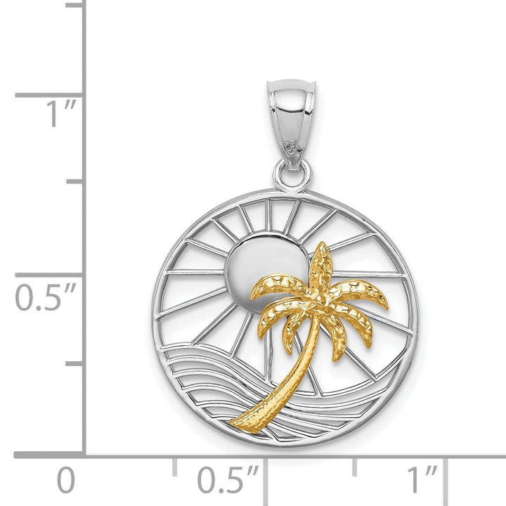 Lovely Rita's Pendants & Charms 14K Two Tone Gold Solid Polished Finish Sunset with Palm Tree In Circle Design Charm Pendant
