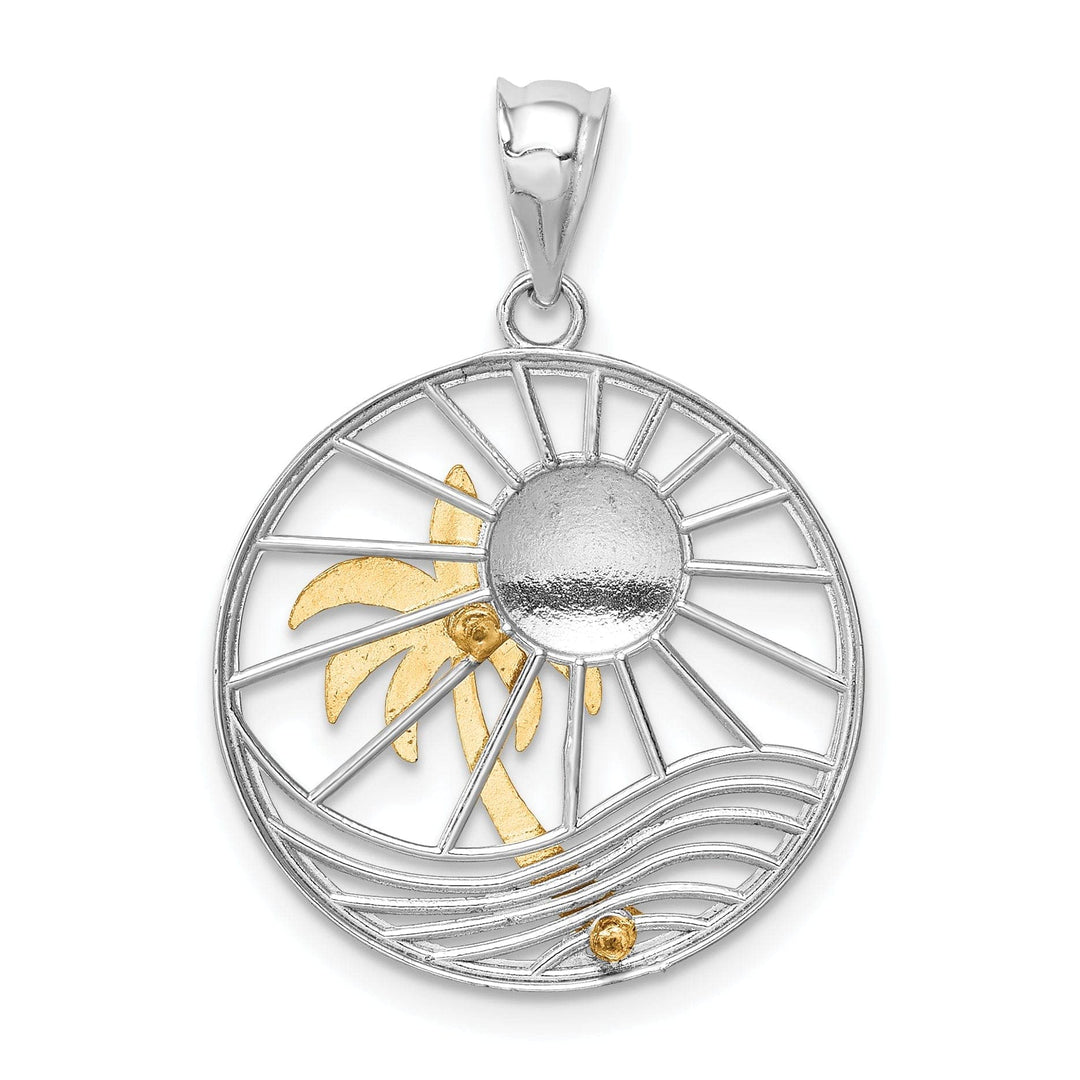 Lovely Rita's Pendants & Charms 14K Two Tone Gold Solid Polished Finish Sunset with Palm Tree In Circle Design Charm Pendant