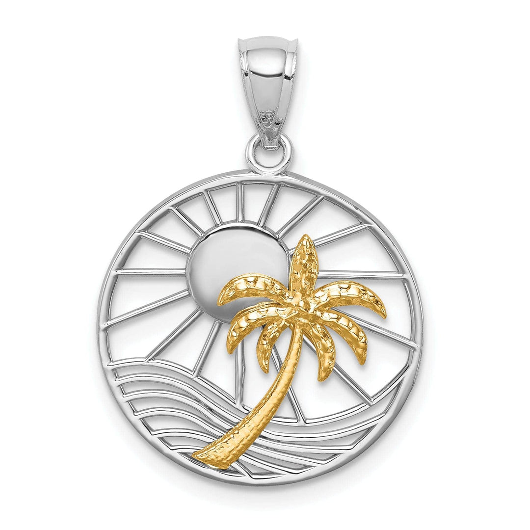 Lovely Rita's Pendants & Charms 14K Two Tone Gold Solid Polished Finish Sunset with Palm Tree In Circle Design Charm Pendant