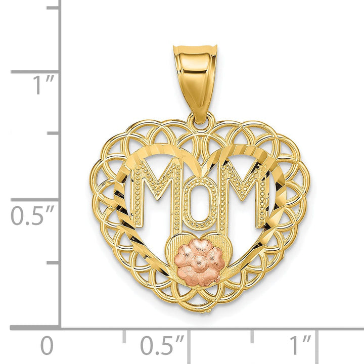 Lovely Rita's Pendants & Charms 14k Two Tone Gold Solid Polished Textured Finish MOM in Heart Lace Trim Design Frame Charm Pendant