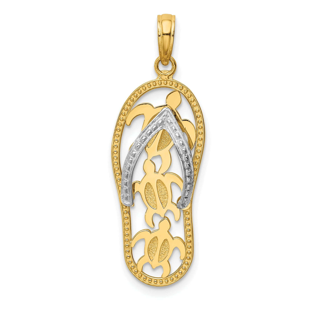 Lovely Rita's Pendants & Charms 14K Two Tone Gold Solid Polished Textured Finish Triple Sea Turtle Cut Out Design Flip-Flop Beach Sandle Charm Pendant