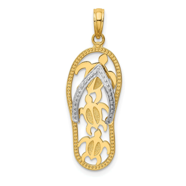 Lovely Rita's Pendants & Charms 14K Two Tone Gold Solid Polished Textured Finish Triple Sea Turtle Cut Out Design Flip-Flop Beach Sandle Charm Pendant