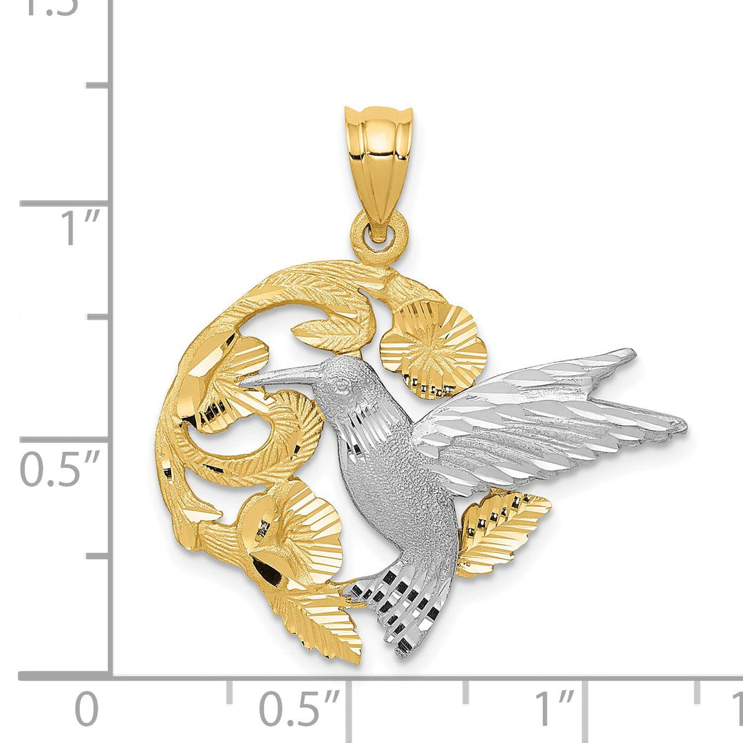 Lovely Rita's Pendants & Charms 14k Two-Tone Gold Solid Textured Brushed Polished Finish Hummingbird Flying with Flowers Design Charm Pendant