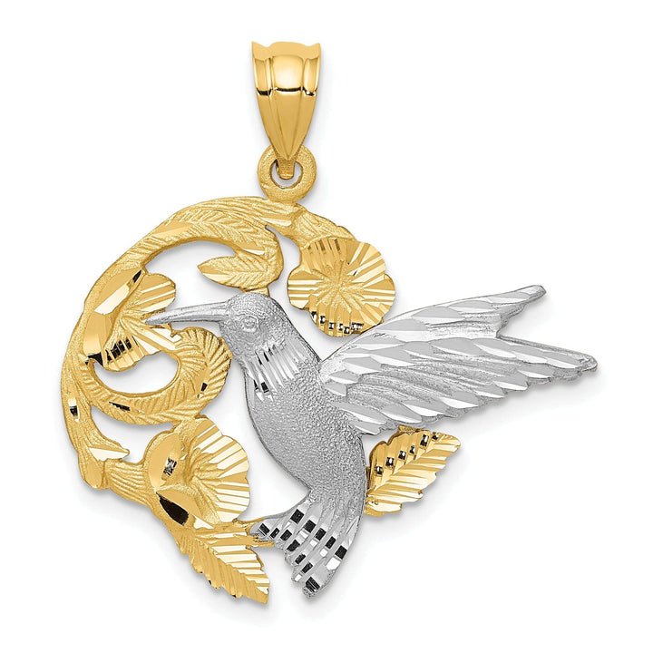 Lovely Rita's Pendants & Charms 14k Two-Tone Gold Solid Textured Brushed Polished Finish Hummingbird Flying with Flowers Design Charm Pendant