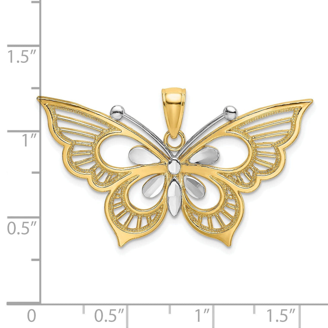Lovely Rita's Pendants & Charms 14k Two-tone Gold Textured Back Solid Polished Diamond-cut Butterfly Charm Pendant