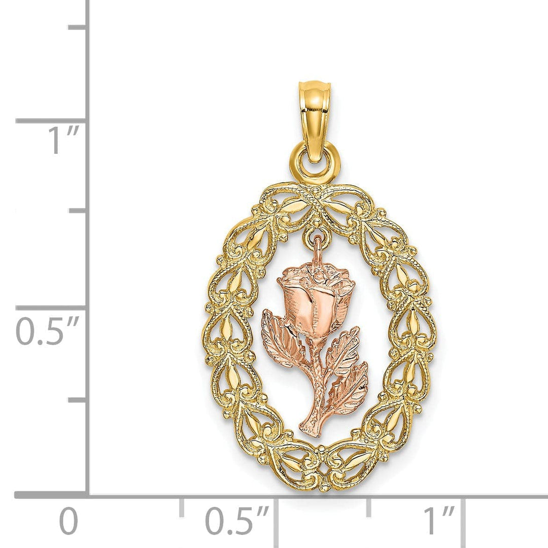Lovely Rita's Pendants & Charms 14k Two-Tone Gold Textured Back Solid Polished Finish Oval Frame Dangling Rose Charm Pendant