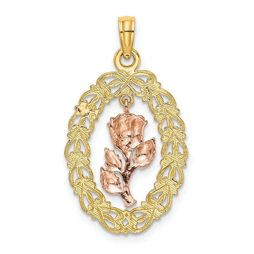 Lovely Rita's Pendants & Charms 14k Two-Tone Gold Textured Back Solid Polished Finish Oval Frame Dangling Rose Charm Pendant