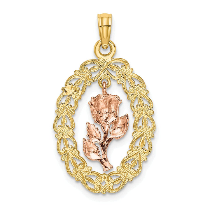 Lovely Rita's Pendants & Charms 14k Two-Tone Gold Textured Back Solid Polished Finish Oval Frame Dangling Rose Charm Pendant
