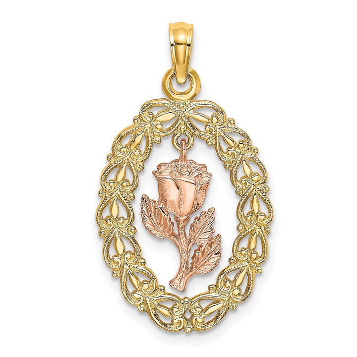 Lovely Rita's Pendants & Charms 14k Two-Tone Gold Textured Back Solid Polished Finish Oval Frame Dangling Rose Charm Pendant