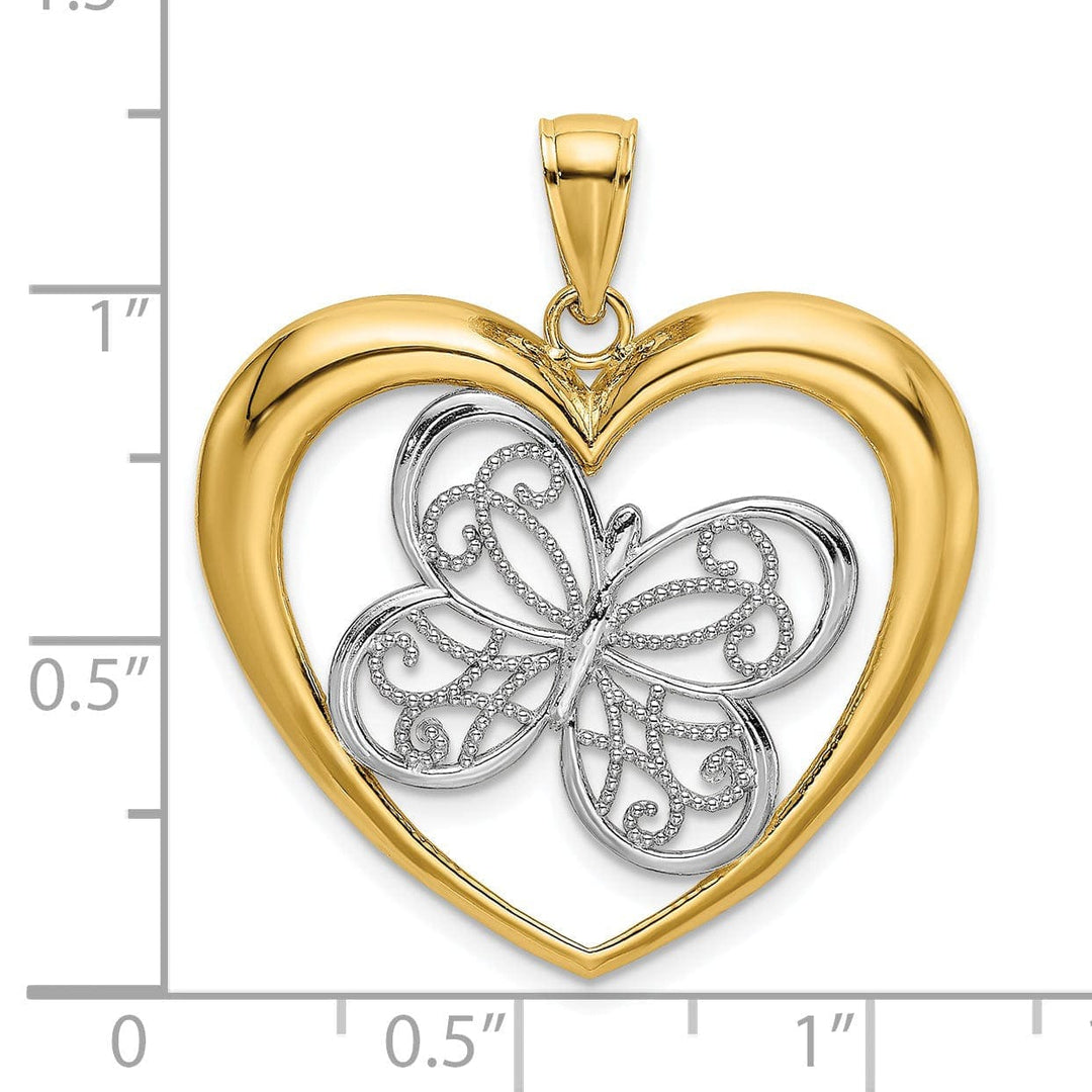Lovely Rita's Pendants & Charms 14k Two-tone Gold Textured Open Back Filigree Solid Polished Finish Butterfly in Heart Charm Pendant