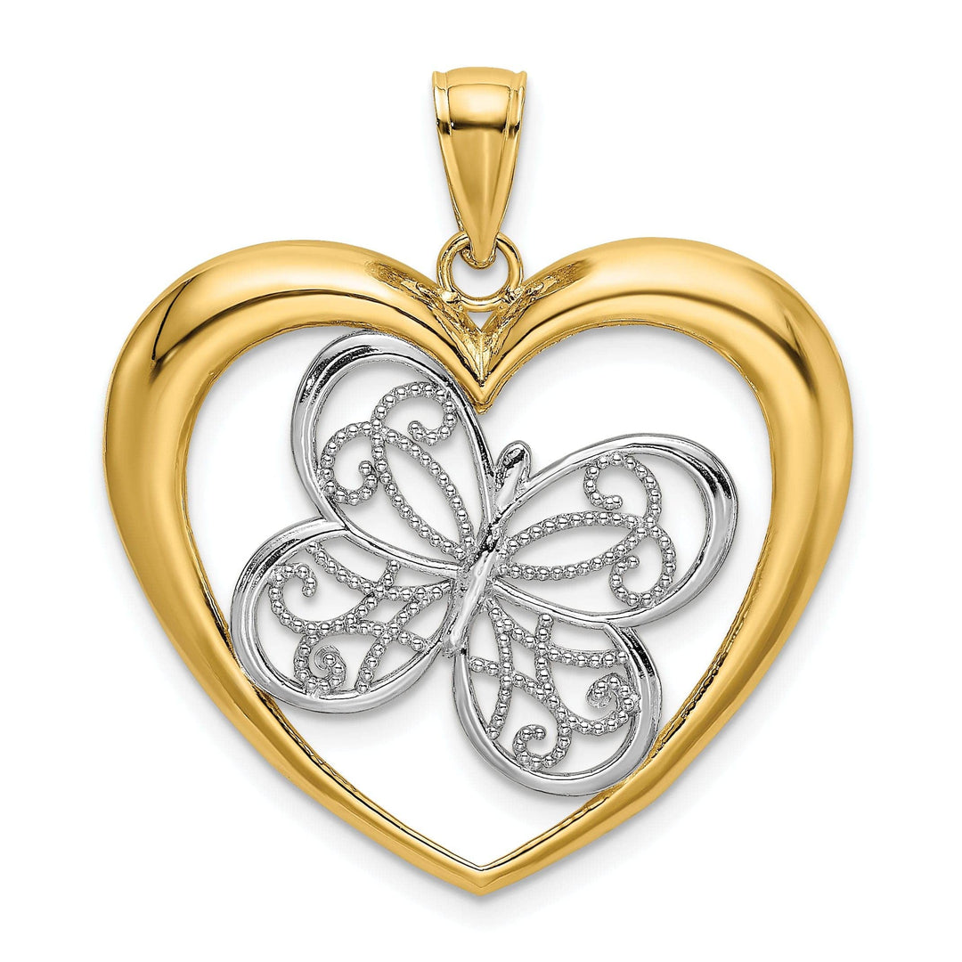 Lovely Rita's Pendants & Charms 14k Two-tone Gold Textured Open Back Filigree Solid Polished Finish Butterfly in Heart Charm Pendant