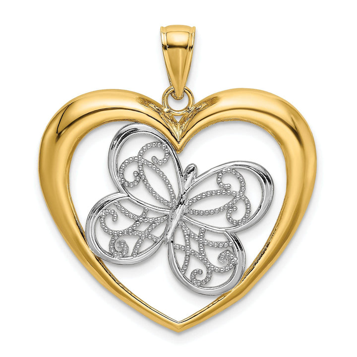 Lovely Rita's Pendants & Charms 14k Two-tone Gold Textured Open Back Filigree Solid Polished Finish Butterfly in Heart Charm Pendant