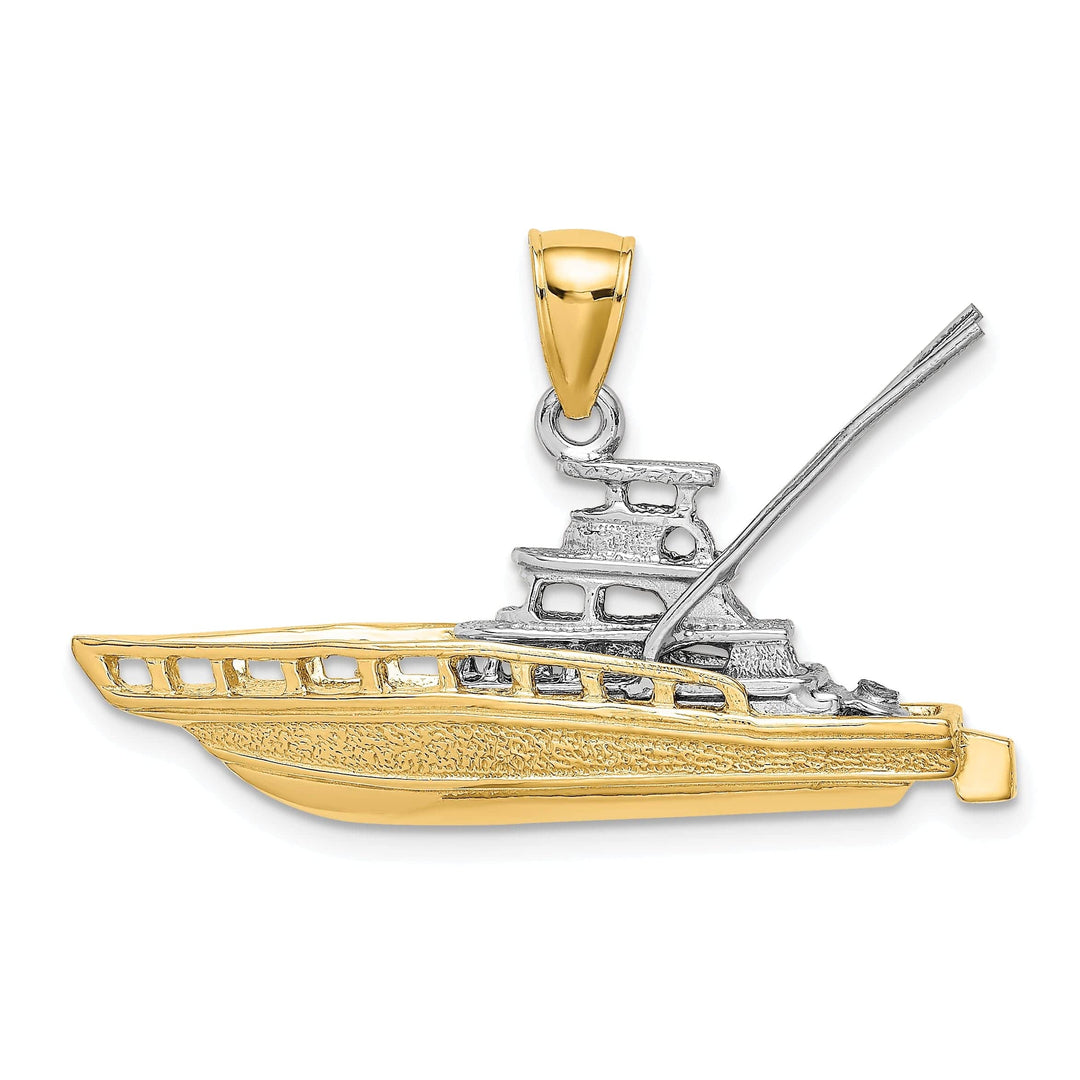 Lovely Rita's Pendants & Charms 14k Two-Tone Gold Textured Polished Finish 3-Dimensional Offshore Sportfishing Boat Charm Pendant