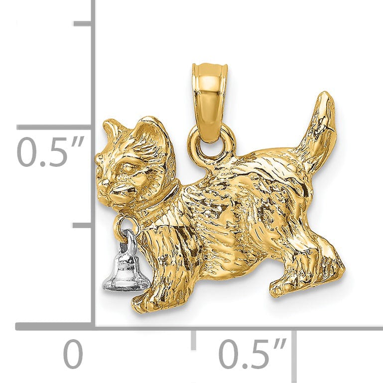 Lovely Rita's Pendants & Charms 14k Two-Tone Gold Textured Polished Finish 3-Dimensional With Moveable Dangling Bell Cat Charm Pendant