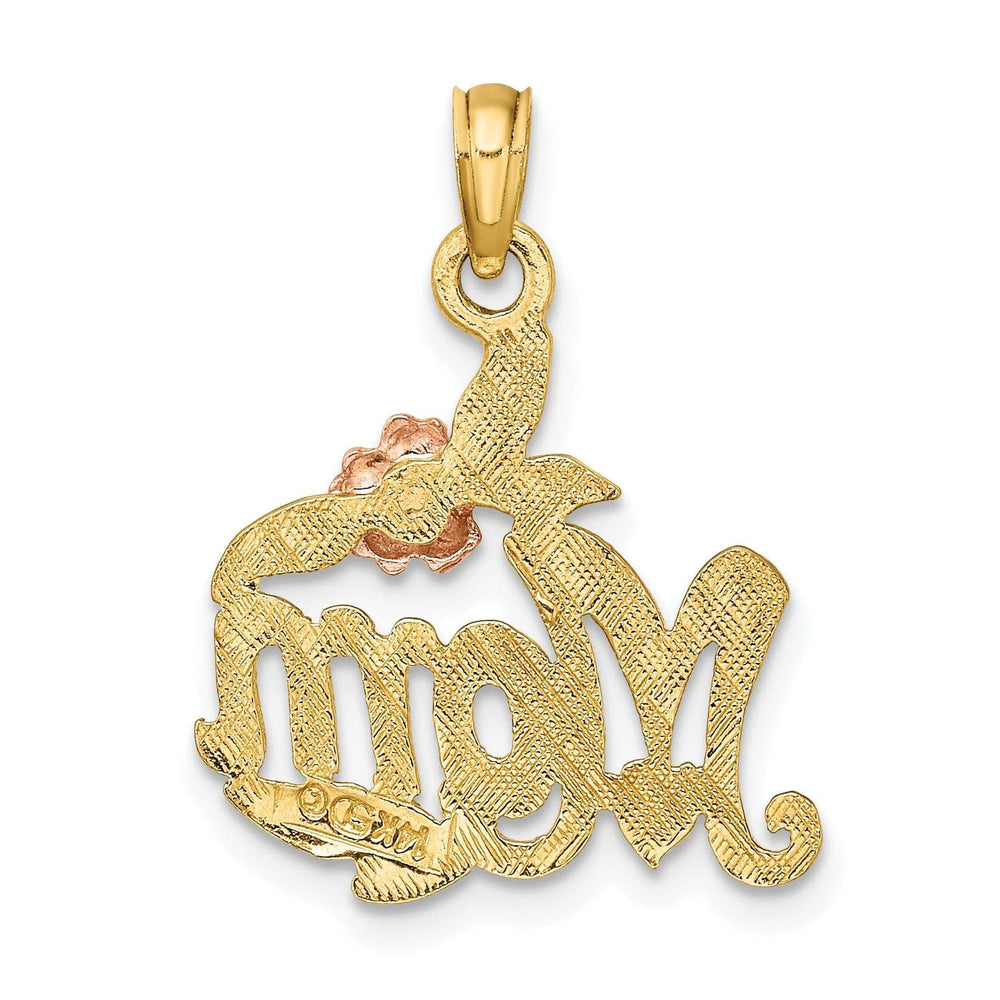 Lovely Rita's Pendants & Charms 14K Two Tone Gold Textured Polished Finish MOM with Flower and Leaf Design Charm Pendant