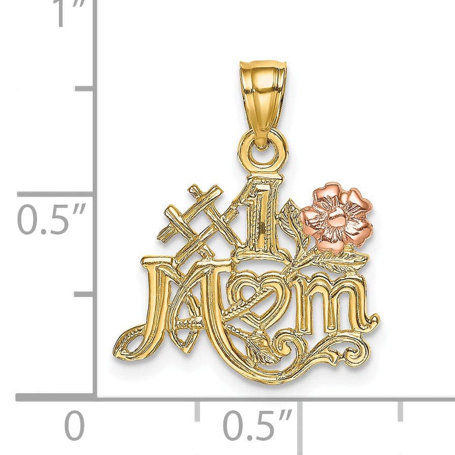 Lovely Rita's Pendants & Charms 14k Two-Tone Gold Textured Polished Finish Script #1 MOM with Flower Design Charm Pendant