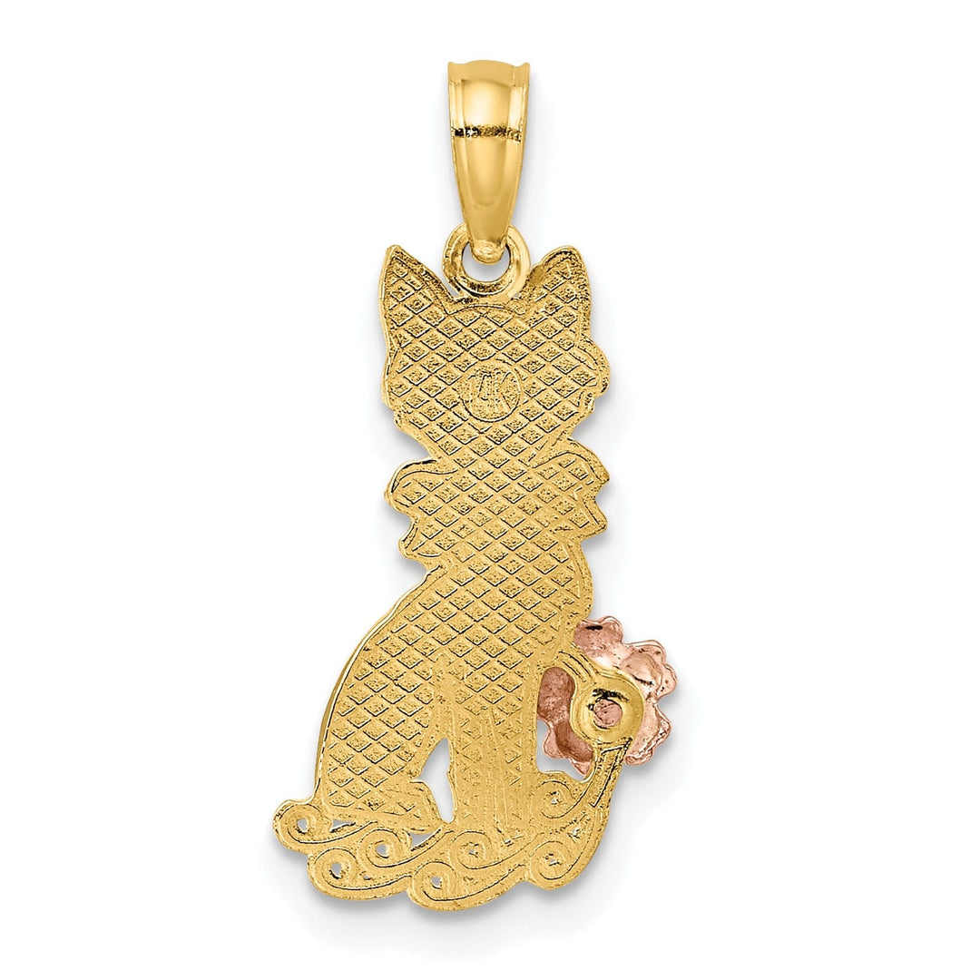 Lovely Rita's Pendants & Charms 14k Two-Tone Gold Textured Polished Finish Sitting Cat with Bow and Flower Design Charm Pendant