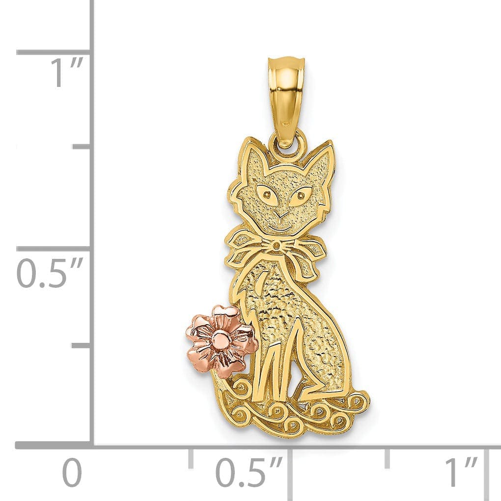 Lovely Rita's Pendants & Charms 14k Two-Tone Gold Textured Polished Finish Sitting Cat with Bow and Flower Design Charm Pendant