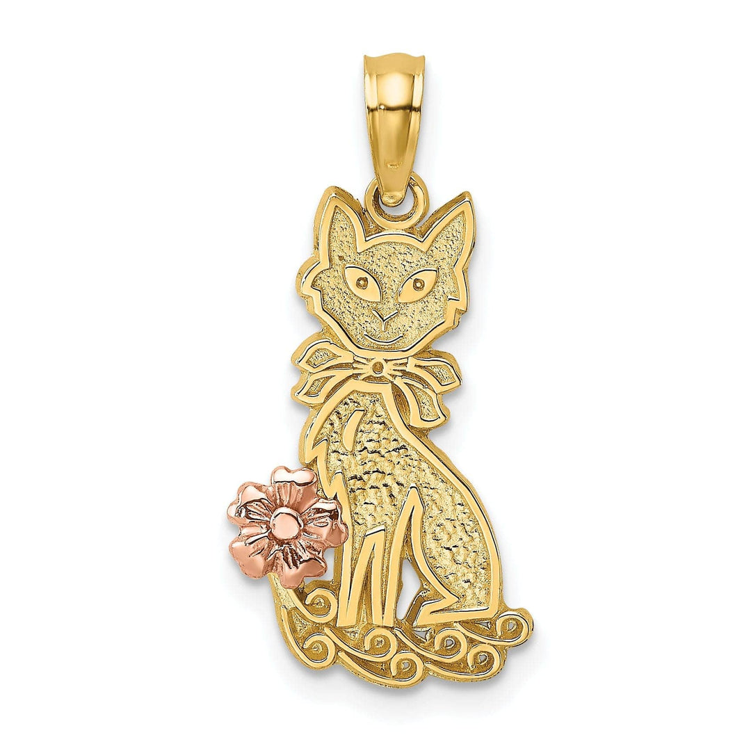 Lovely Rita's Pendants & Charms 14k Two-Tone Gold Textured Polished Finish Sitting Cat with Bow and Flower Design Charm Pendant