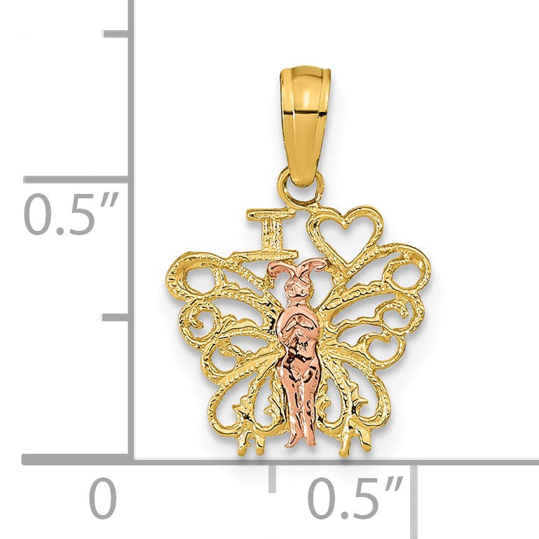 Lovely Rita's Pendants & Charms 14K Two-tone Gold Textured Textured Back Solid Polished Finish I HEART Butterfly Charm Pendant