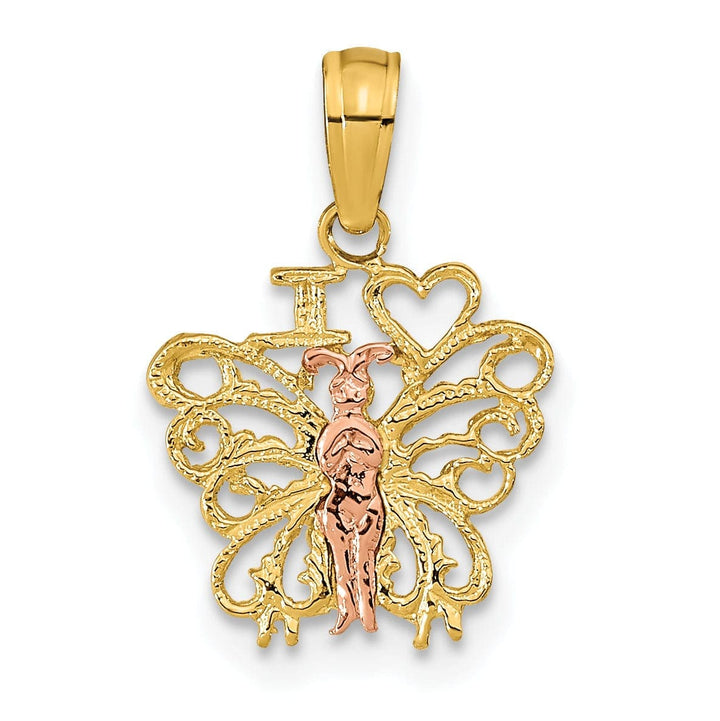 Lovely Rita's Pendants & Charms 14K Two-tone Gold Textured Textured Back Solid Polished Finish I HEART Butterfly Charm Pendant