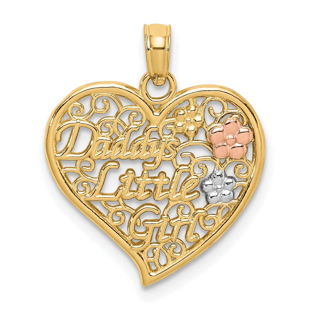 Lovely Rita's Pendants & Charms 14k Two Tone Gold, White Rhdoium DADDYS LITTLE GIRL with Flowers Fancy Filigree Design Heart Charm Pendant
