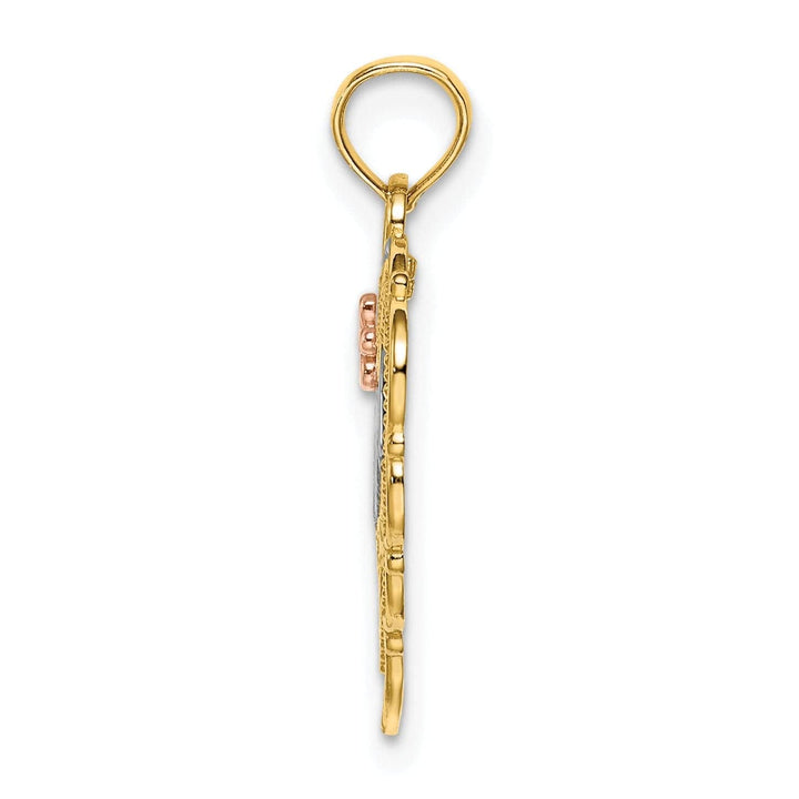 Lovely Rita's Pendants & Charms 14k Two-Tone Gold, White Rhodium Beaded Textured Polished Finish MOM Heart with Flower Fancy Design Charm Pendant