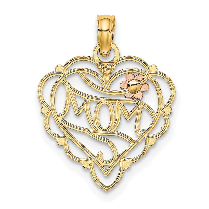 Lovely Rita's Pendants & Charms 14k Two-Tone Gold, White Rhodium Beaded Textured Polished Finish MOM Heart with Flower Fancy Design Charm Pendant