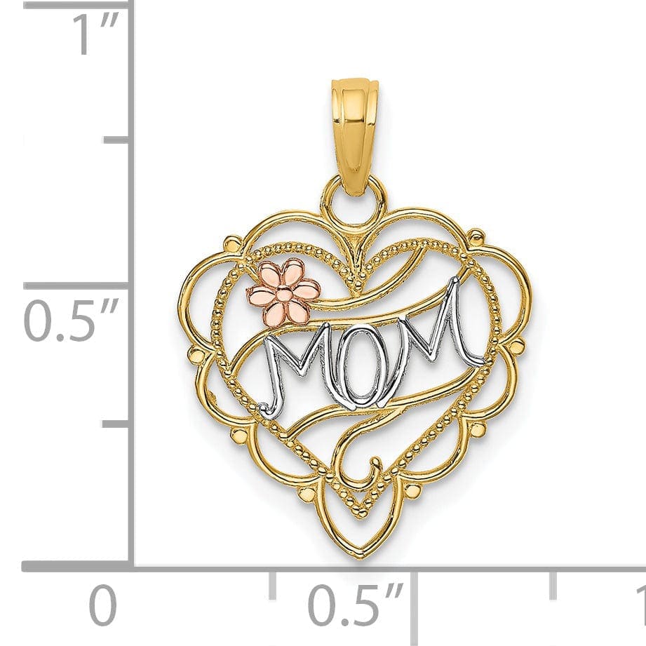 Lovely Rita's Pendants & Charms 14k Two-Tone Gold, White Rhodium Beaded Textured Polished Finish MOM Heart with Flower Fancy Design Charm Pendant