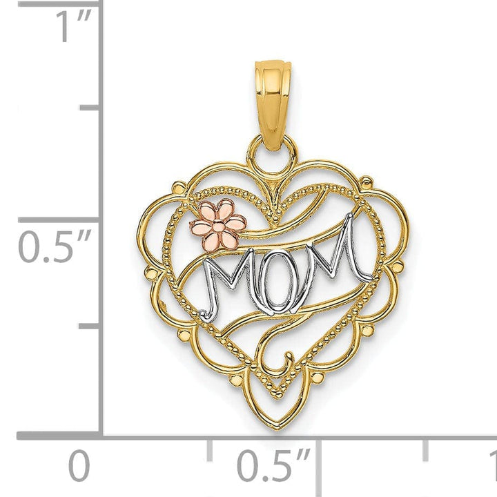 Lovely Rita's Pendants & Charms 14k Two-Tone Gold, White Rhodium Beaded Textured Polished Finish MOM Heart with Flower Fancy Design Charm Pendant