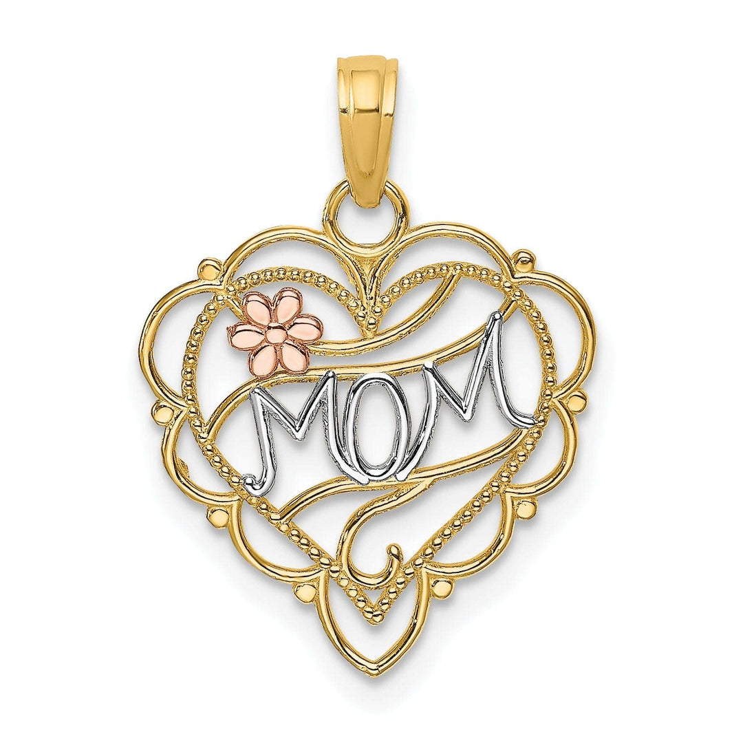 Lovely Rita's Pendants & Charms 14k Two-Tone Gold, White Rhodium Beaded Textured Polished Finish MOM Heart with Flower Fancy Design Charm Pendant