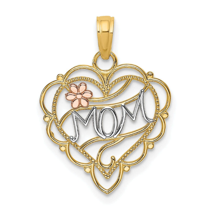 Lovely Rita's Pendants & Charms 14k Two-Tone Gold, White Rhodium Beaded Textured Polished Finish MOM Heart with Flower Fancy Design Charm Pendant