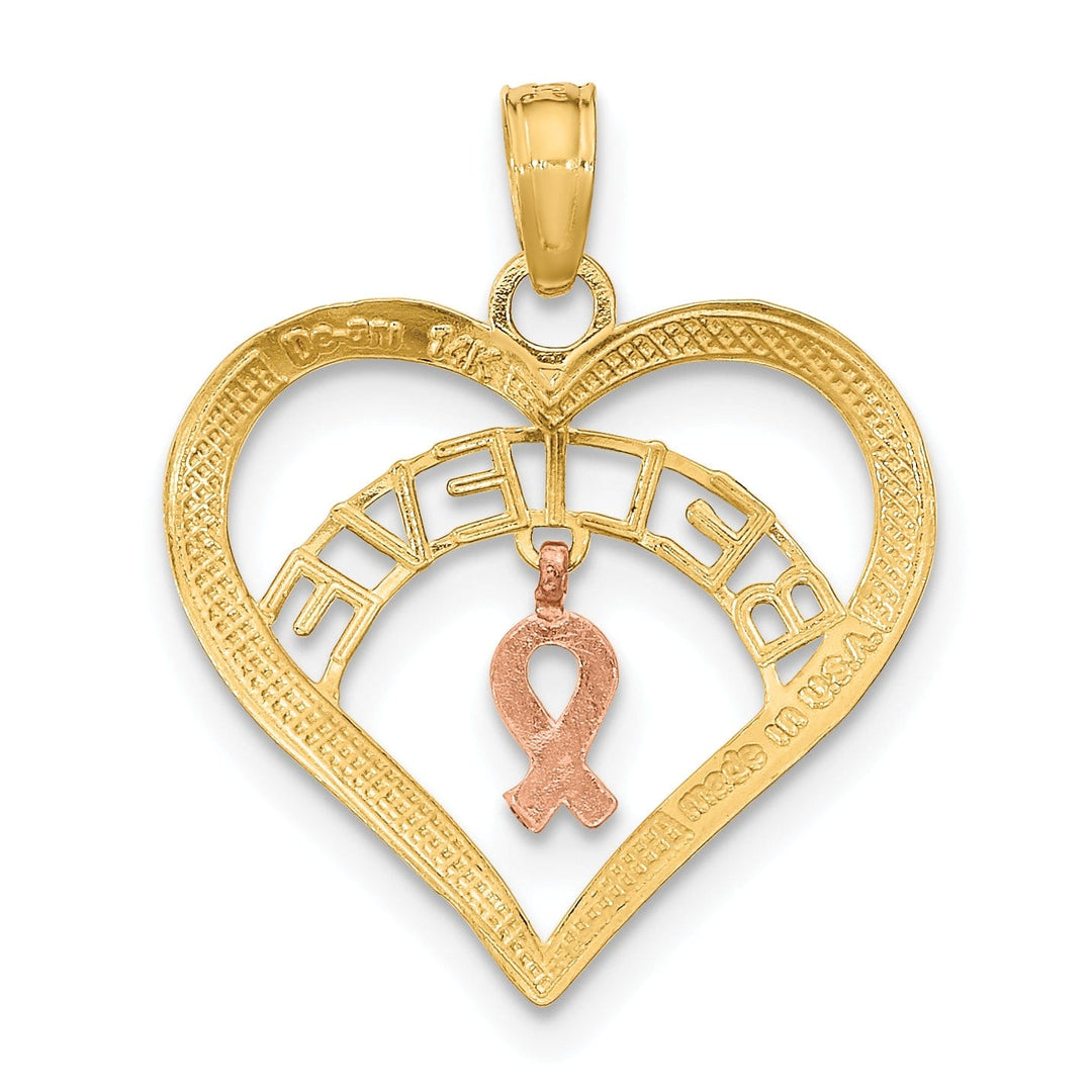 Lovely Rita's Pendants & Charms 14k Two Tone Gold White Rhodium BELIEVE in Heart Shape with Breast Cancer Ribbon Charm Pendant