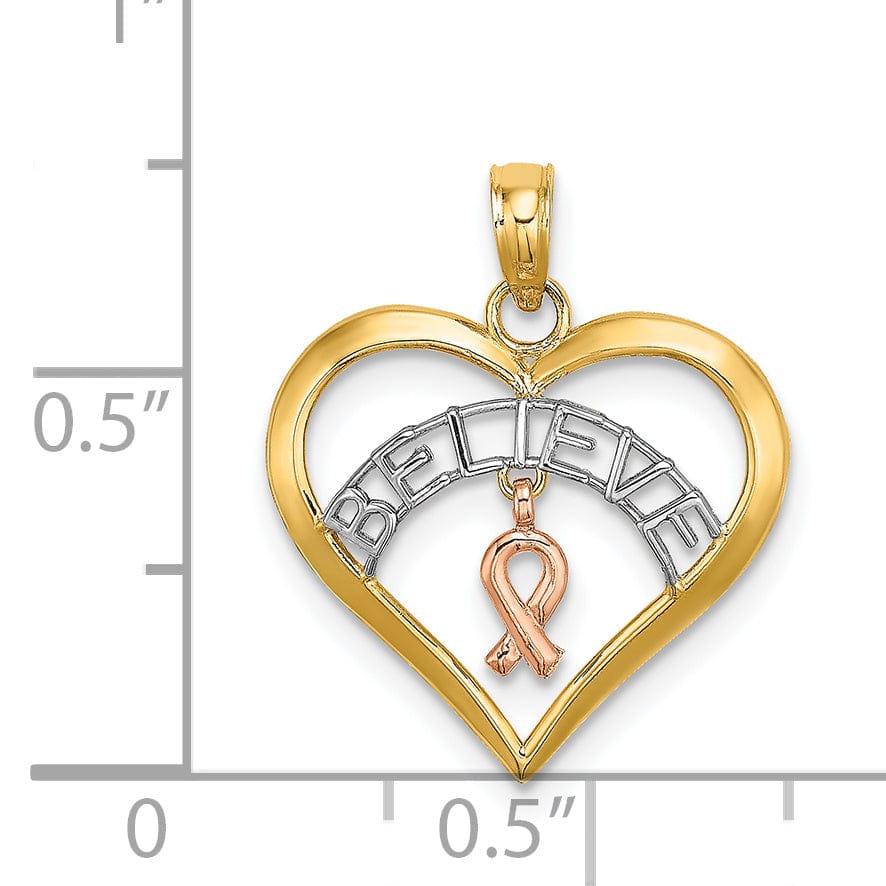 Lovely Rita's Pendants & Charms 14k Two Tone Gold White Rhodium BELIEVE in Heart Shape with Breast Cancer Ribbon Charm Pendant
