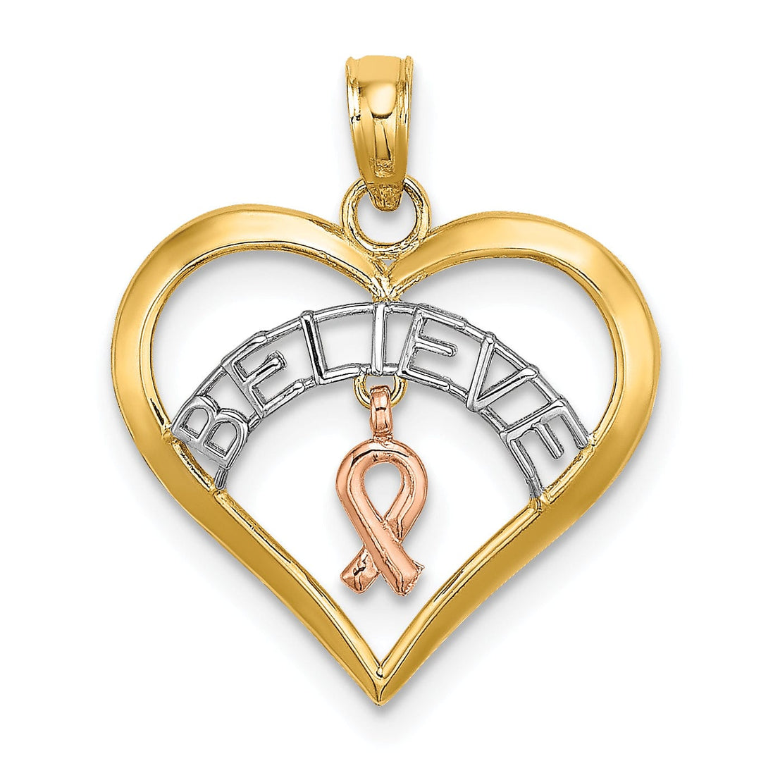 Lovely Rita's Pendants & Charms 14k Two Tone Gold White Rhodium BELIEVE in Heart Shape with Breast Cancer Ribbon Charm Pendant