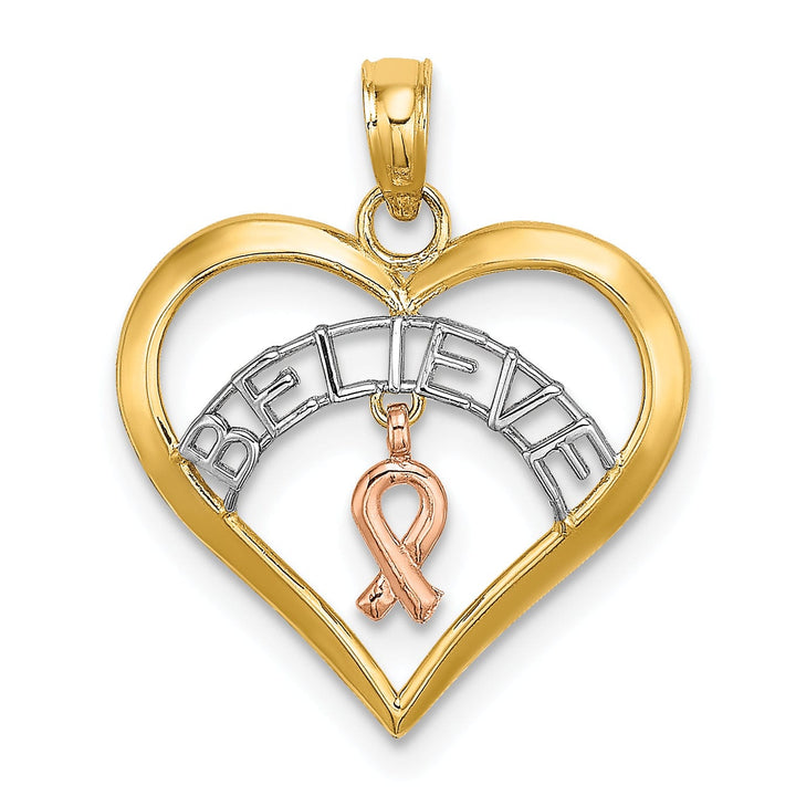 Lovely Rita's Pendants & Charms 14k Two Tone Gold White Rhodium BELIEVE in Heart Shape with Breast Cancer Ribbon Charm Pendant