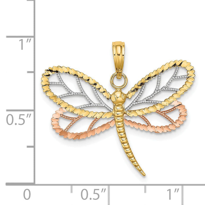 Lovely Rita's Pendants & Charms 14k Two-Tone Gold White Rhodium Diamond Cut Polished Finish Dragonfly With Beaded Wings Design Charm Pendant
