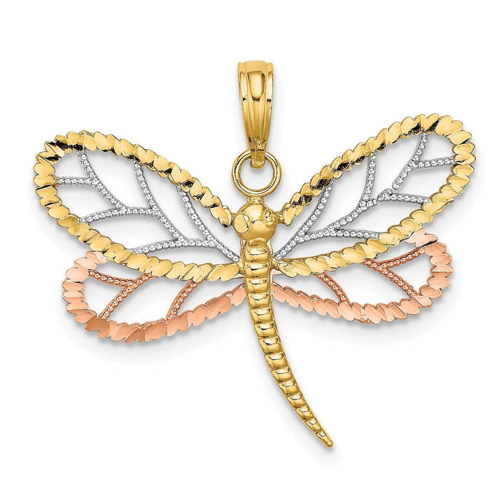 Lovely Rita's Pendants & Charms 14k Two-Tone Gold White Rhodium Diamond Cut Polished Finish Dragonfly With Beaded Wings Design Charm Pendant
