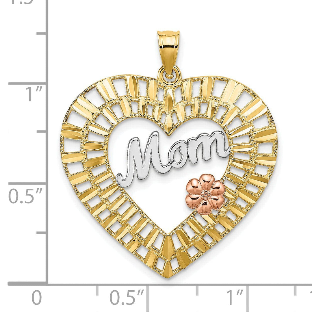 Lovely Rita's Pendants & Charms 14k Two Tone Gold, White Rhodium Diamond Cut Polished Finish MOM Heart Filigree Design Charm Pendant