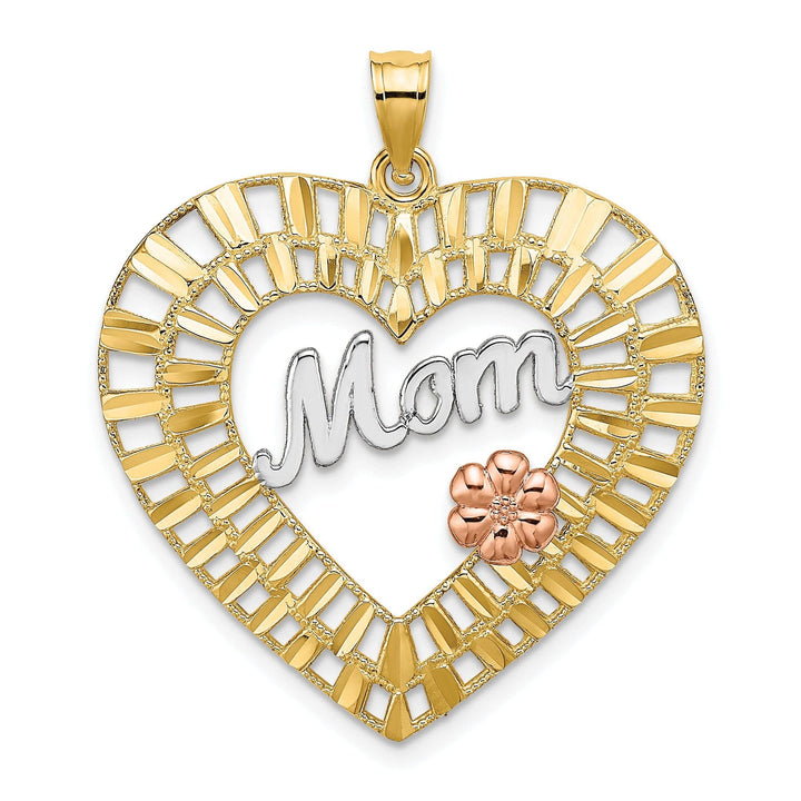 Lovely Rita's Pendants & Charms 14k Two Tone Gold, White Rhodium Diamond Cut Polished Finish MOM Heart Filigree Design Charm Pendant