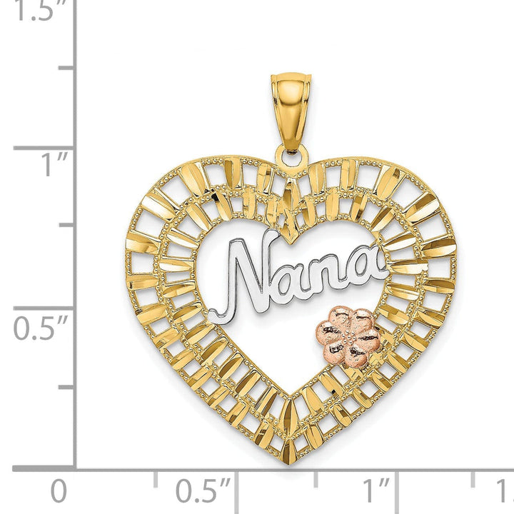 Lovely Rita's Pendants & Charms 14k Two Tone Gold, White Rhodium Diamond Cut Polished Finish NANA Heart Shape with Flower Charm Pendant