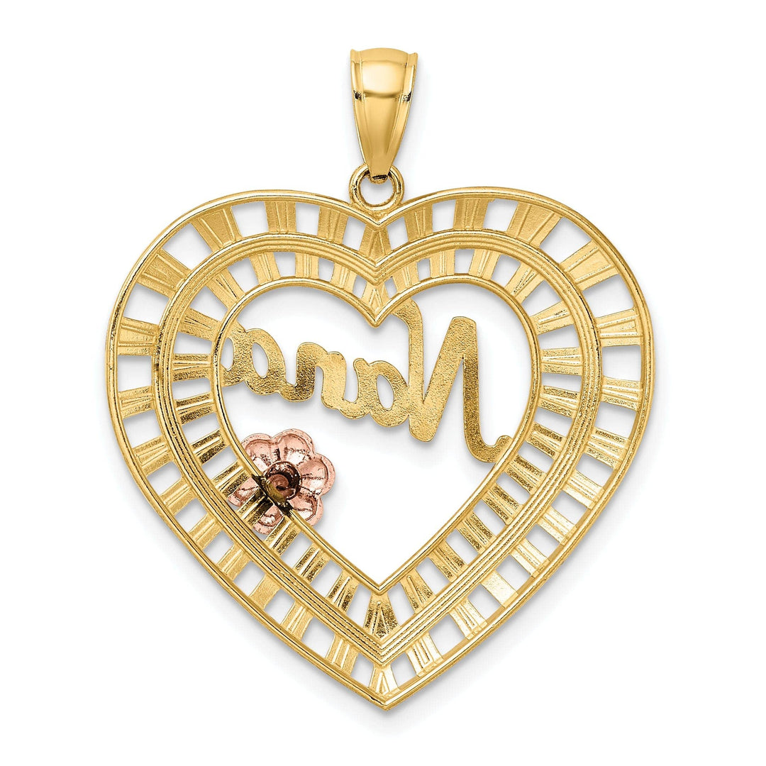 Lovely Rita's Pendants & Charms 14k Two Tone Gold, White Rhodium Diamond Cut Polished Finish NANA Heart Shape with Flower Charm Pendant