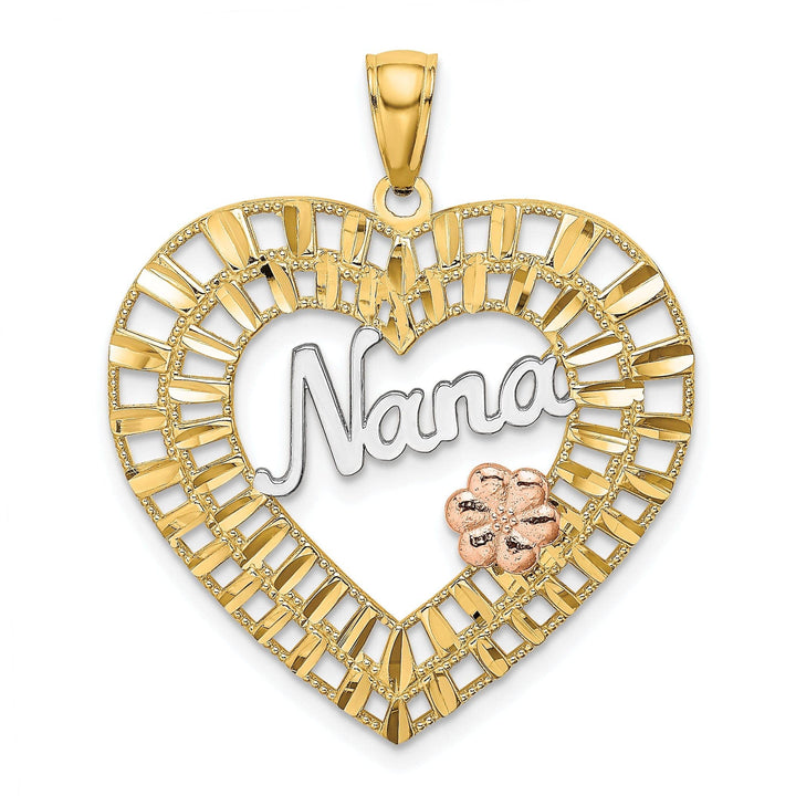 Lovely Rita's Pendants & Charms 14k Two Tone Gold, White Rhodium Diamond Cut Polished Finish NANA Heart Shape with Flower Charm Pendant
