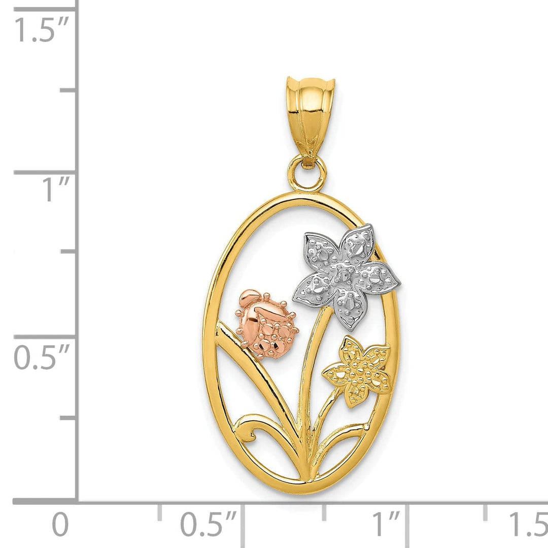 Lovely Rita's Pendants & Charms 14k Two-tone Gold White Rhodium Diamond-cut Solid Textured Back Polished Finish Oval Floral Charm Pendant