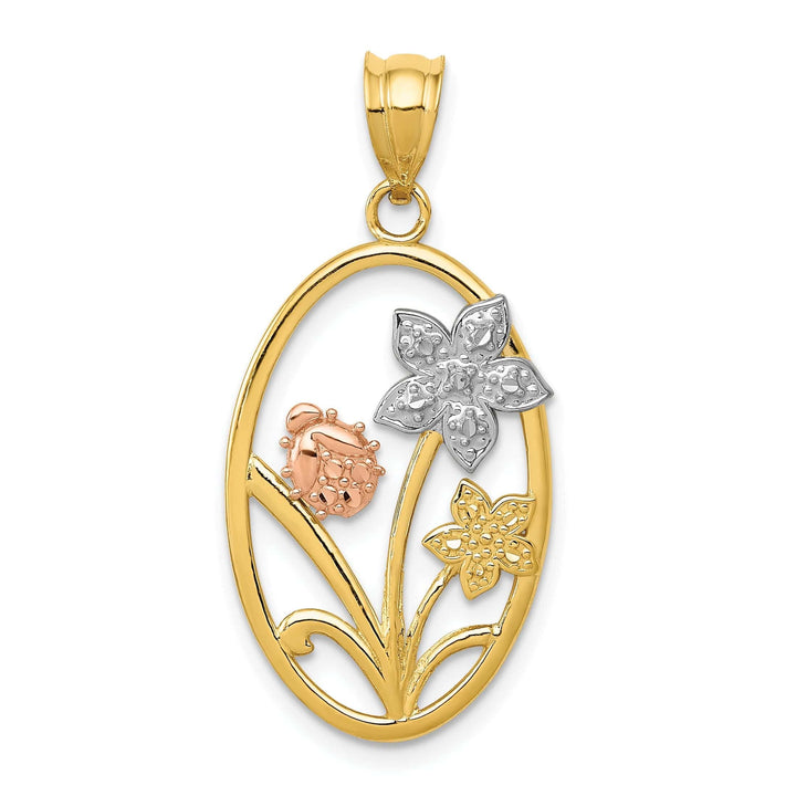 Lovely Rita's Pendants & Charms 14k Two-tone Gold White Rhodium Diamond-cut Solid Textured Back Polished Finish Oval Floral Charm Pendant