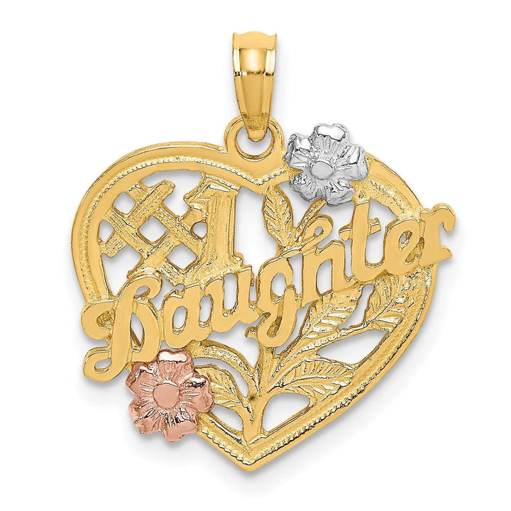 Lovely Rita's Pendants & Charms 14k Two Tone Gold, White Rhodium Flat Back #1 DAUGHTER Heart Shape with Flowers Design Charm Pendant