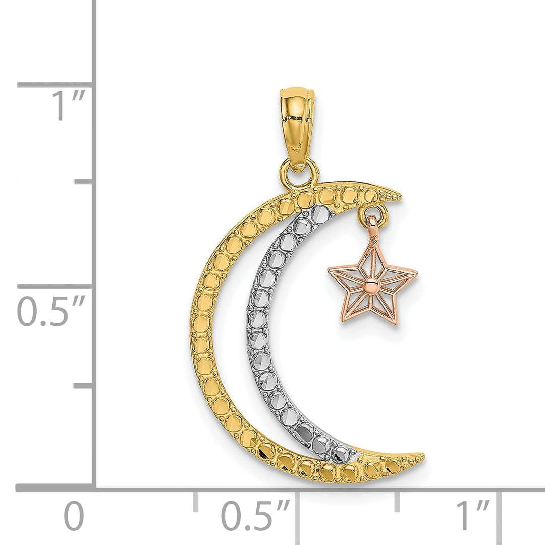 Lovely Rita's Pendants & Charms 14k Two Tone Gold White Rhodium Open Back Texture Polished Finish Moon with Dangle Star Charm Pendant